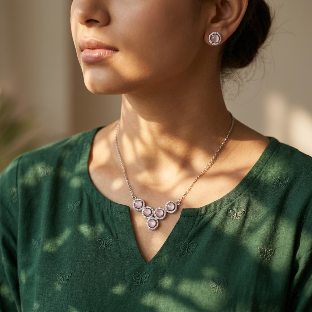 Silvme 925 silver pink cluster pendant necklace and stud earrings with pink cubic zirconia, pendant close-up