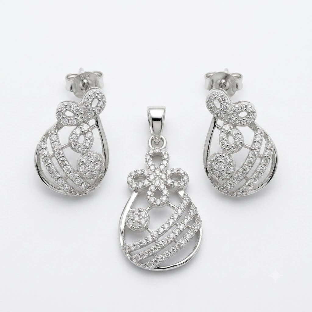 Silvme pure 925 sterling silver floral drop pendant and drop earrings set with cubic zirconia, front view on white background
