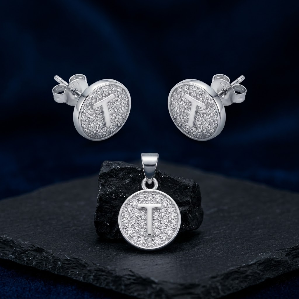 Initial T 925 sterling silver pendant necklace and stud earrings jewellery set with cubic zirconia by Silvme â€” angled studio view