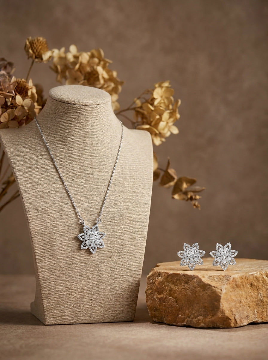 Silvme pure 925 sterling silver floral flower pendant necklace and stud earrings set with cubic zirconia, detail sparkle close-up
