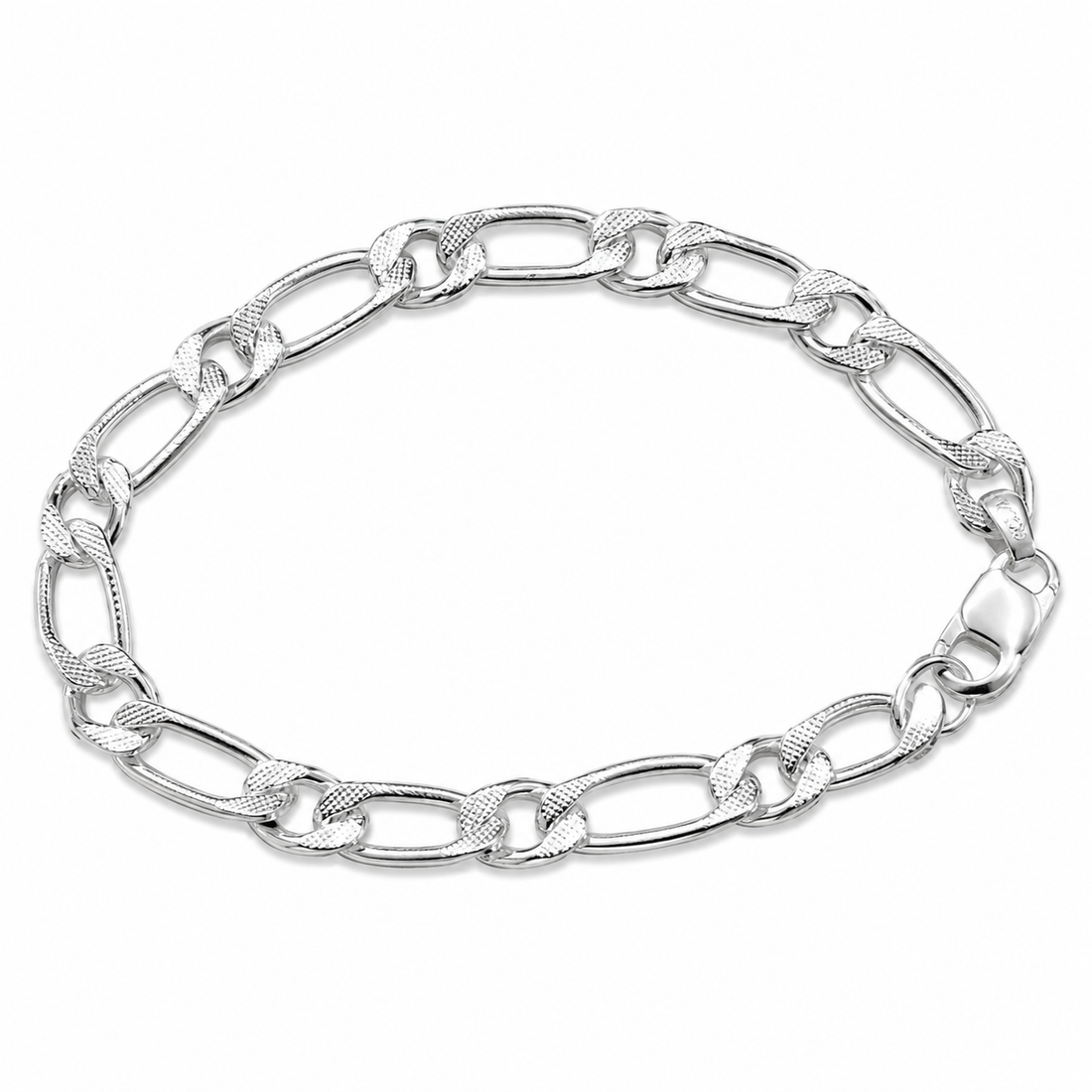Silvme 925 sterling silver faceted figaro chain bracelet for men shaped into an oval on a white background