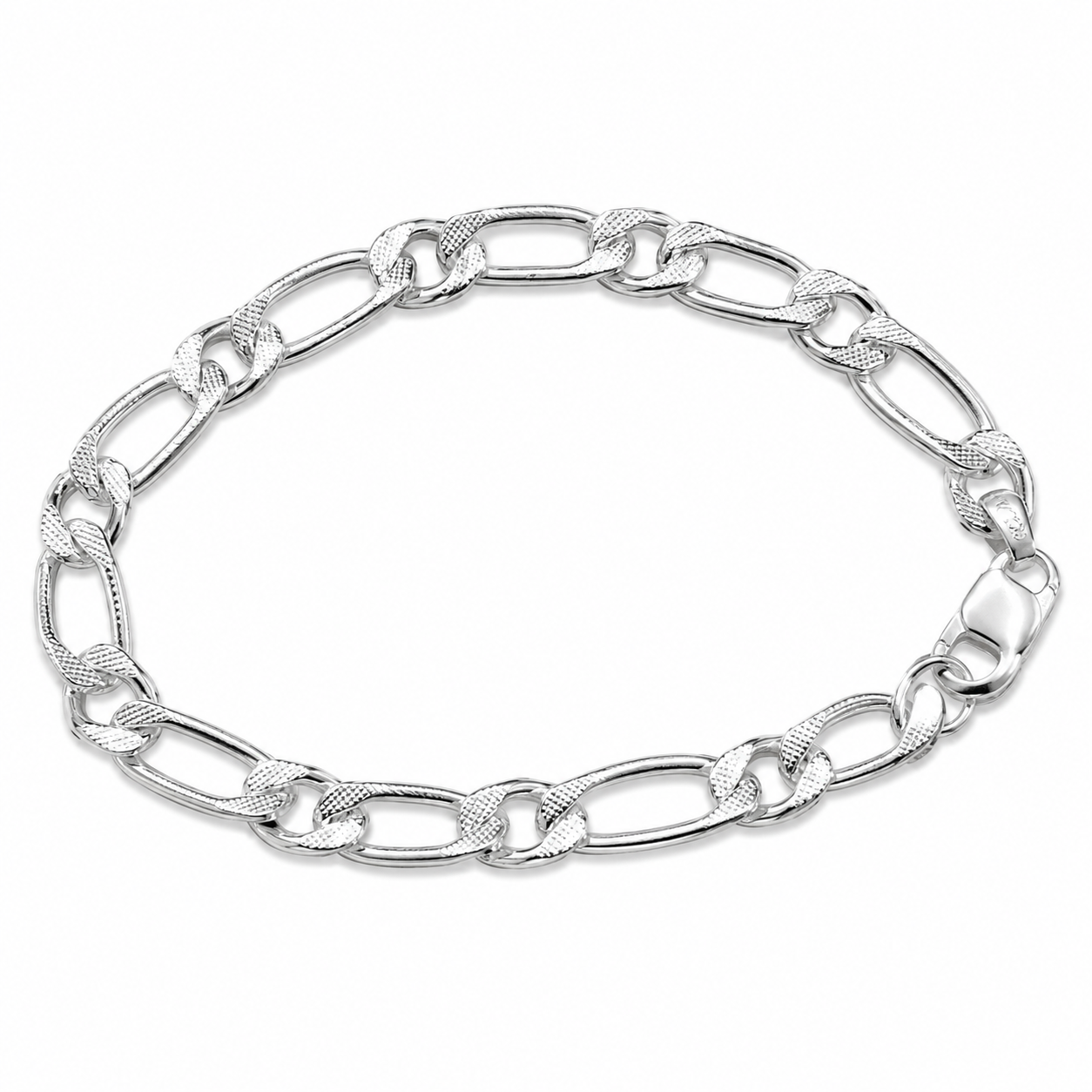 Silvme 925 sterling silver faceted figaro chain bracelet for men shaped into an oval on a white background
