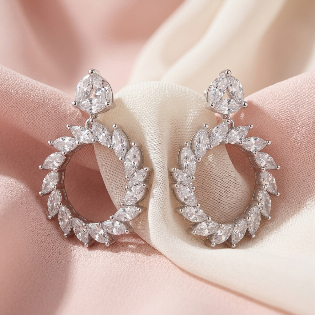 Oval Stone-Set Marquise Halo Drop Earrings, close-up detail, view 5