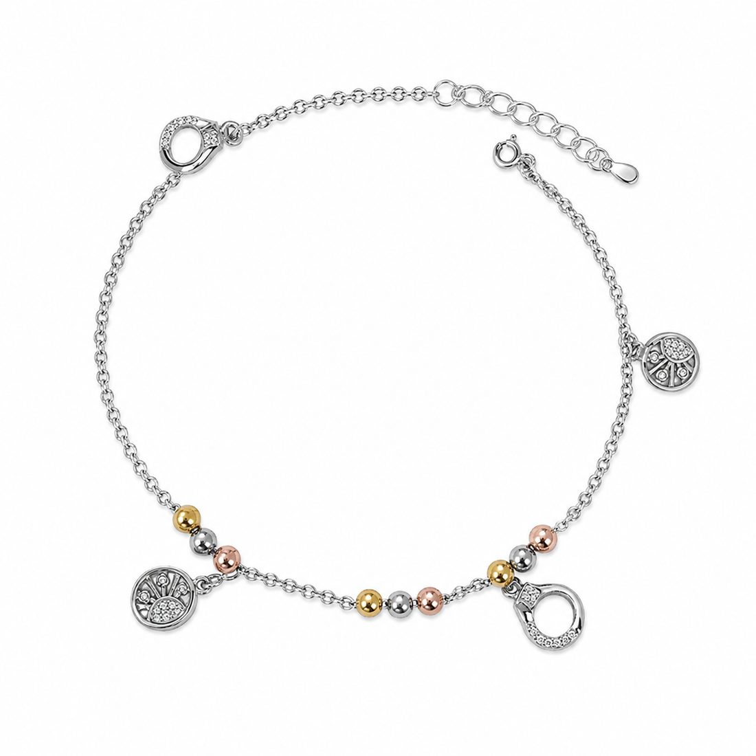 Silvme 925 sterling silver tree of life tri-tone charm anklet with tri-tone tree-of-life discs and a CZ charm, white background full view