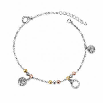 Silvme 925 sterling silver tree of life tri-tone charm anklet with tri-tone tree-of-life discs and a CZ charm, white background full view