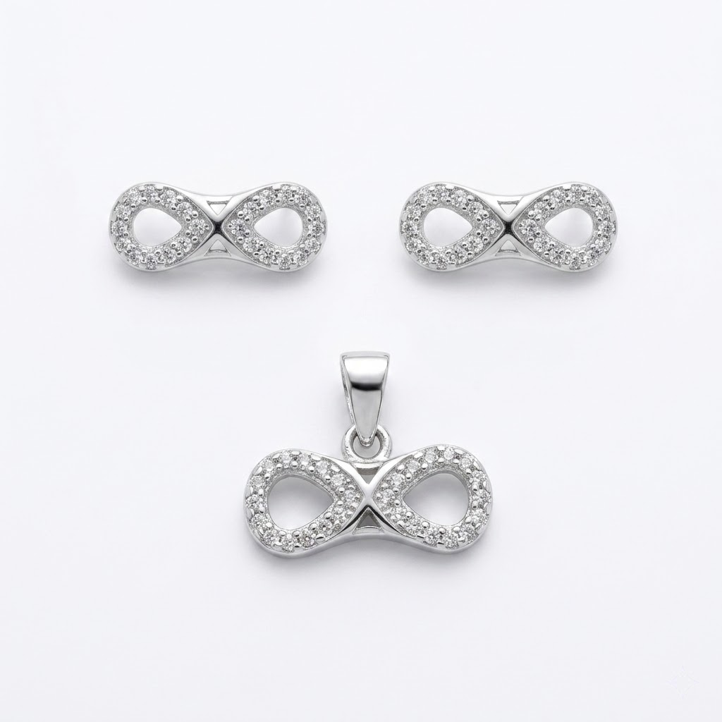 Silvme pure 925 sterling silver infinity pendant and stud earrings set with cubic zirconia, front view on white background