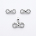 Silvme pure 925 sterling silver infinity pendant and stud earrings set with cubic zirconia, front view on white background
