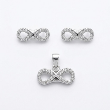 Silvme pure 925 sterling silver infinity pendant and stud earrings set with cubic zirconia, front view on white background