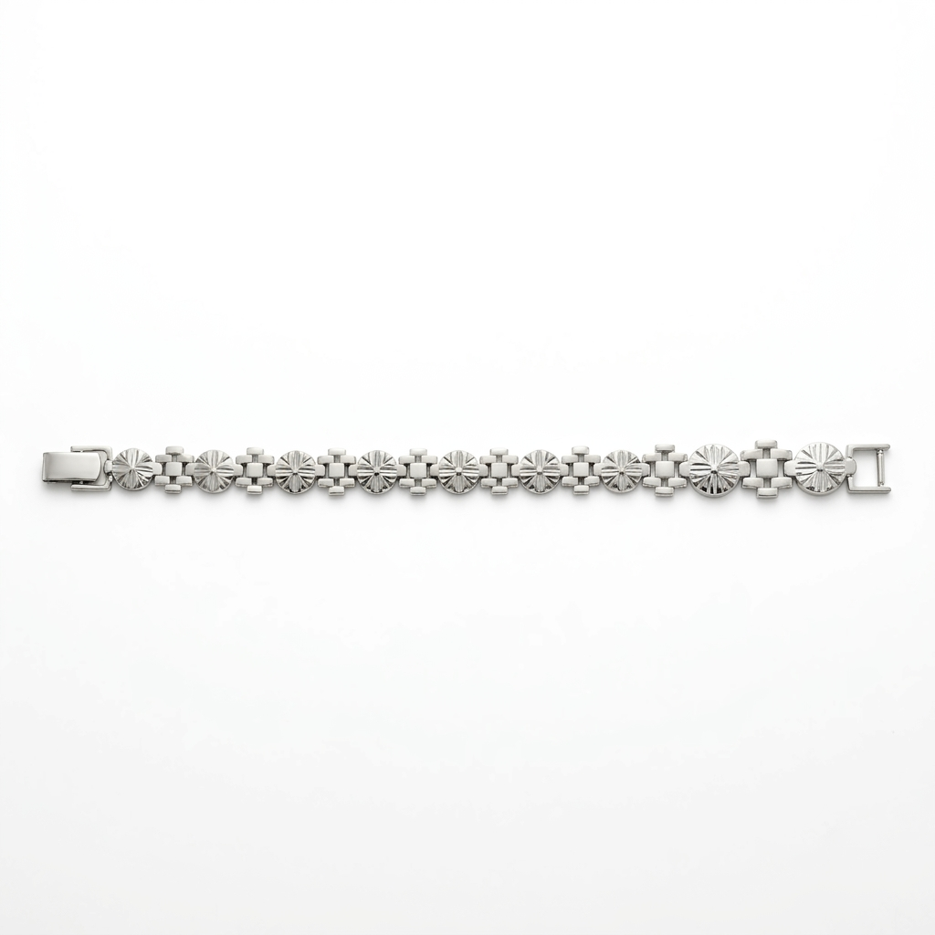 Silvme 925 sterling silver floral medallion link bracelet for men laid flat on a white background