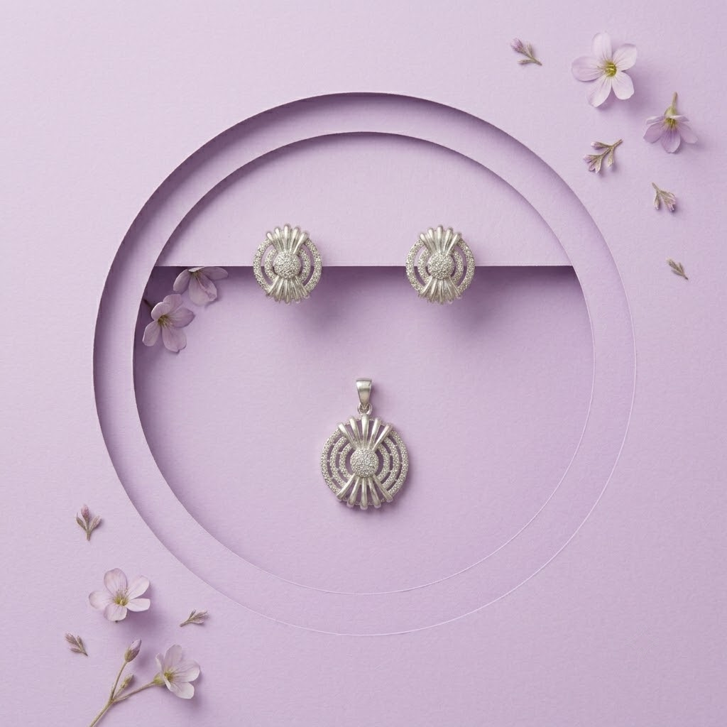 Silvme pure 925 sterling silver starburst medallion pendant and stud earrings set with cubic zirconia, side profile view