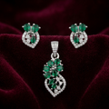 Silvme 925 silver green floral pendant and stud earrings with green cubic zirconia, close-up detail