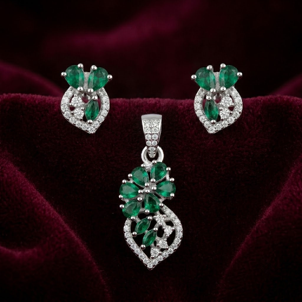 Silvme 925 silver green floral pendant and stud earrings with green cubic zirconia, close-up detail