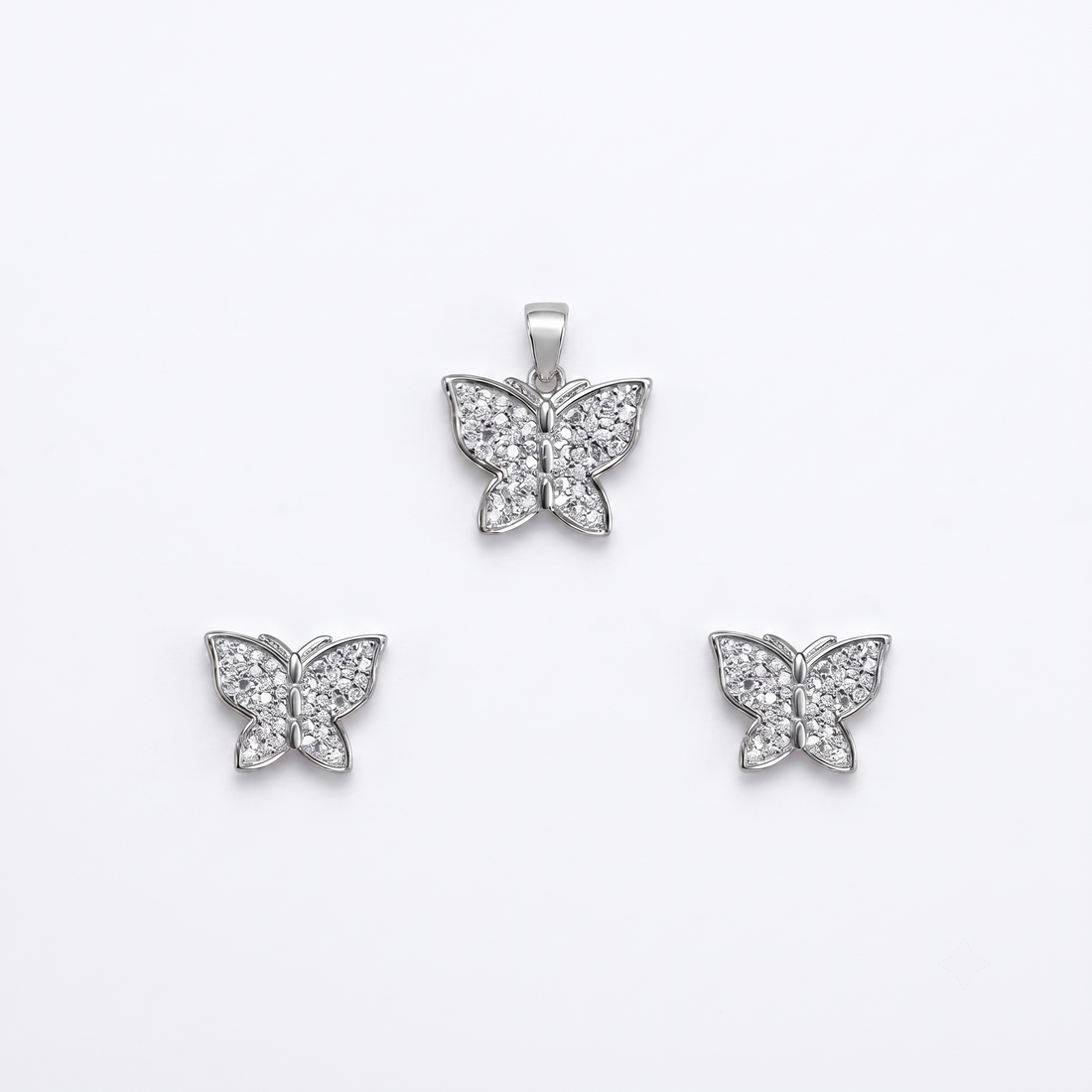 Silvme pure 925 sterling silver butterfly pendant and stud earrings set with cubic zirconia, front view on white background