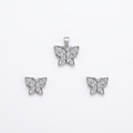 Silvme pure 925 sterling silver butterfly pendant and stud earrings set with cubic zirconia, front view on white background