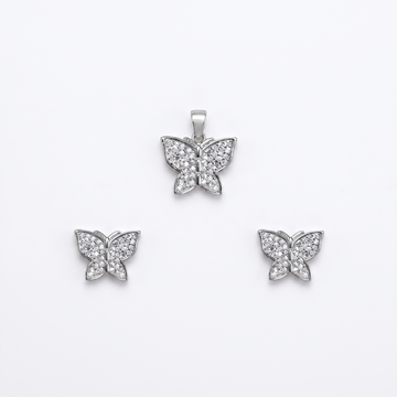 Silvme pure 925 sterling silver butterfly pendant and stud earrings set with cubic zirconia, front view on white background