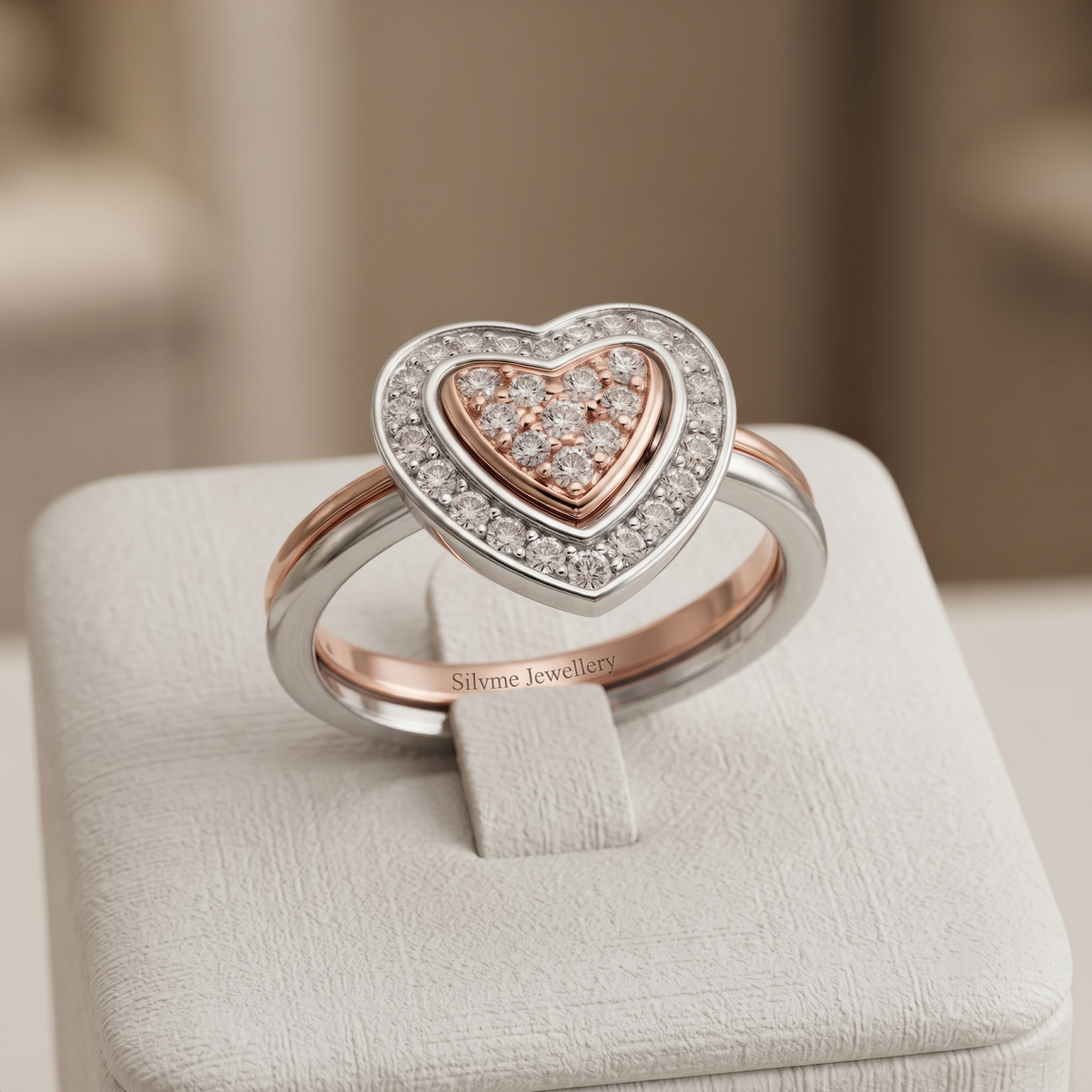 Silvme Heart Diamond with cubic zirconia 925 sterling silver heart ring for women, two-tone rose gold and silver, party wear ring for women, lightweight silver ring, close-up design detail