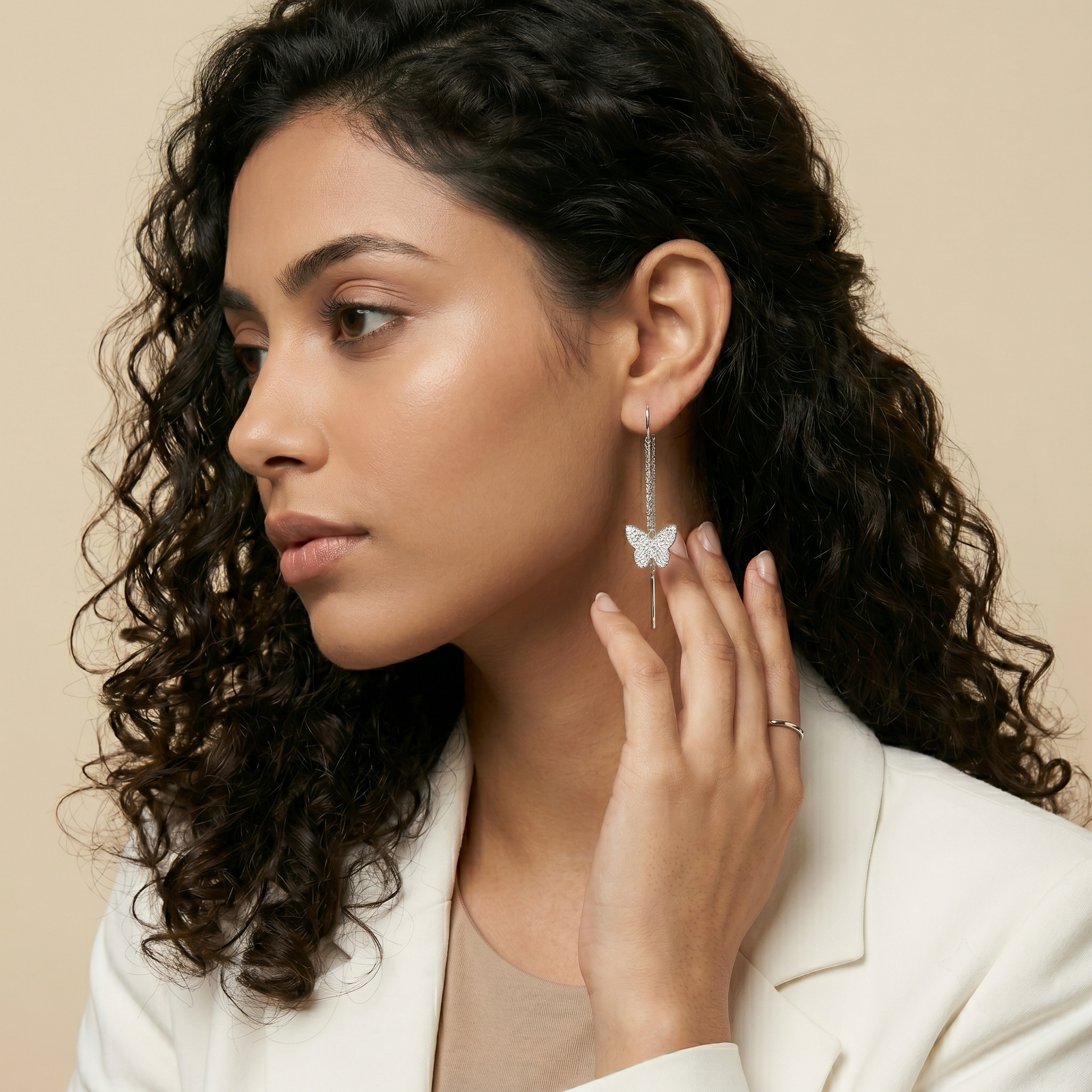 Stone-Set Butterfly Charm Threader Earrings, close-up detail, view 5