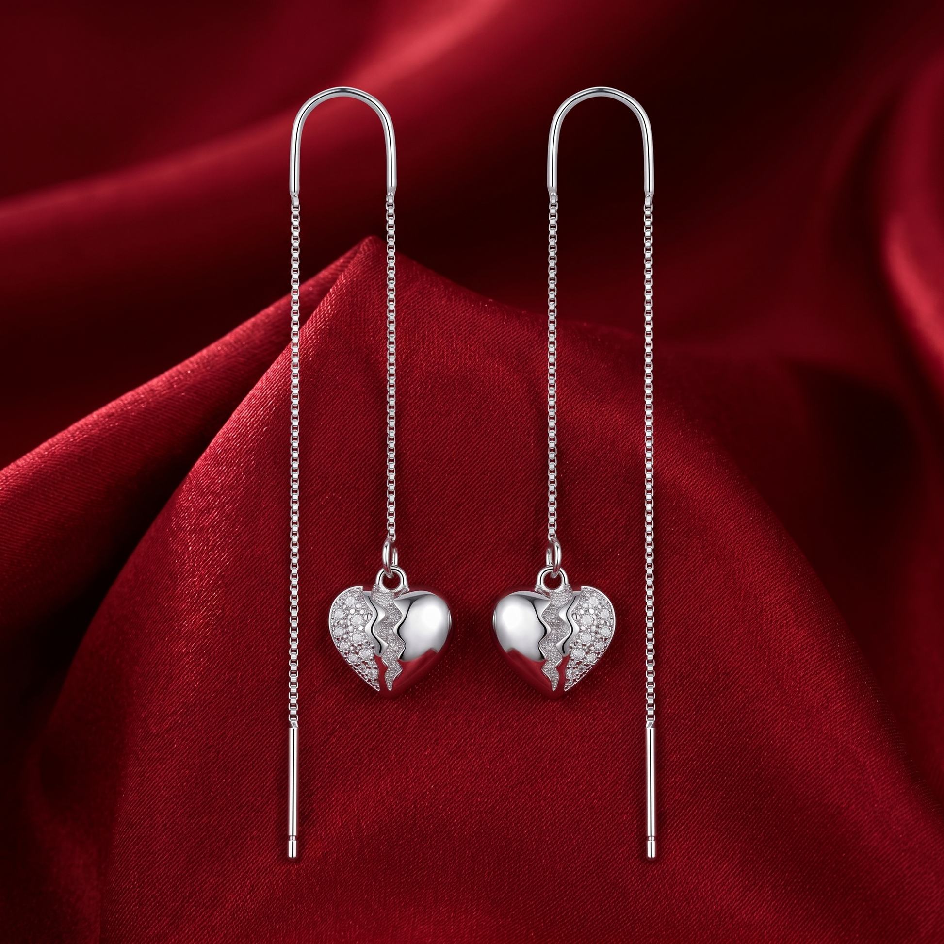 Split Heart Pave Stone-Set Threader Earrings, additional product view 9