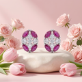 Pink Oval Floral Stone-Set Stud Earrings, additional product view 8