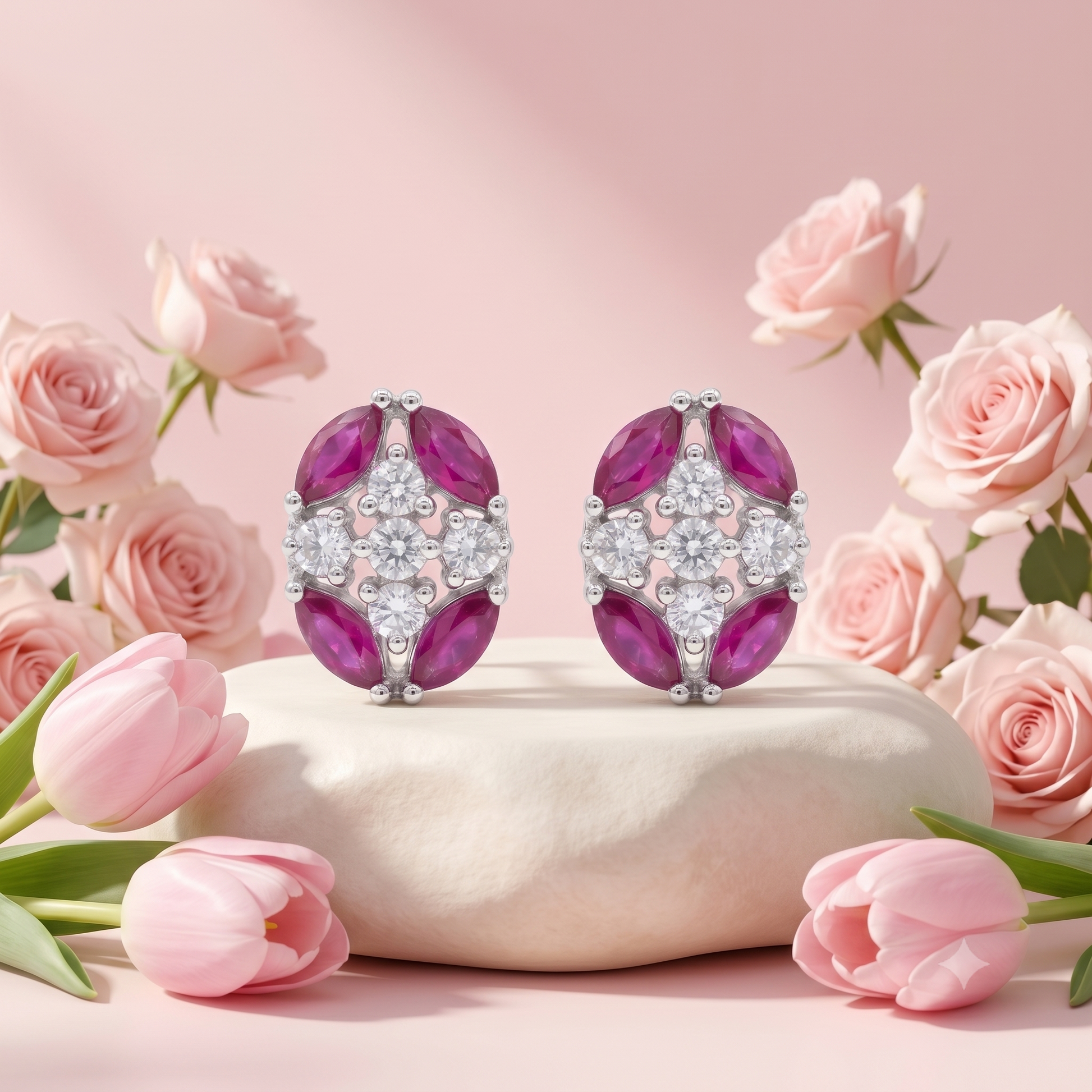 Pink Oval Floral Stone-Set Stud Earrings, additional product view 8