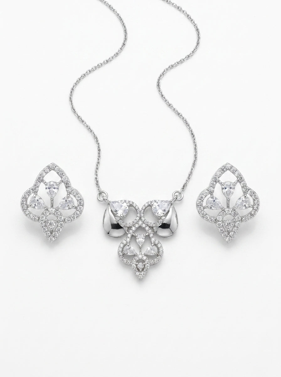 Silvme pure 925 sterling silver ornate petal pendant necklace and stud earrings set with cubic zirconia, chain and pendant view