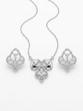 Silvme pure 925 sterling silver ornate petal pendant necklace and stud earrings set with cubic zirconia, chain and pendant view