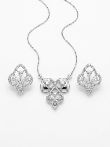 Silvme pure 925 sterling silver ornate petal pendant necklace and stud earrings set with cubic zirconia, chain and pendant view