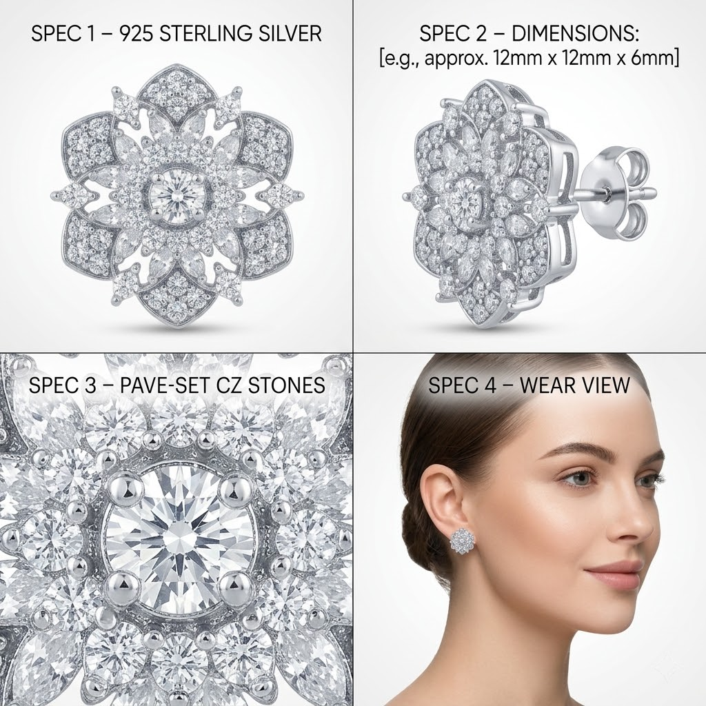 Ornate Floral Snowflake Stud Earrings, additional product view 8