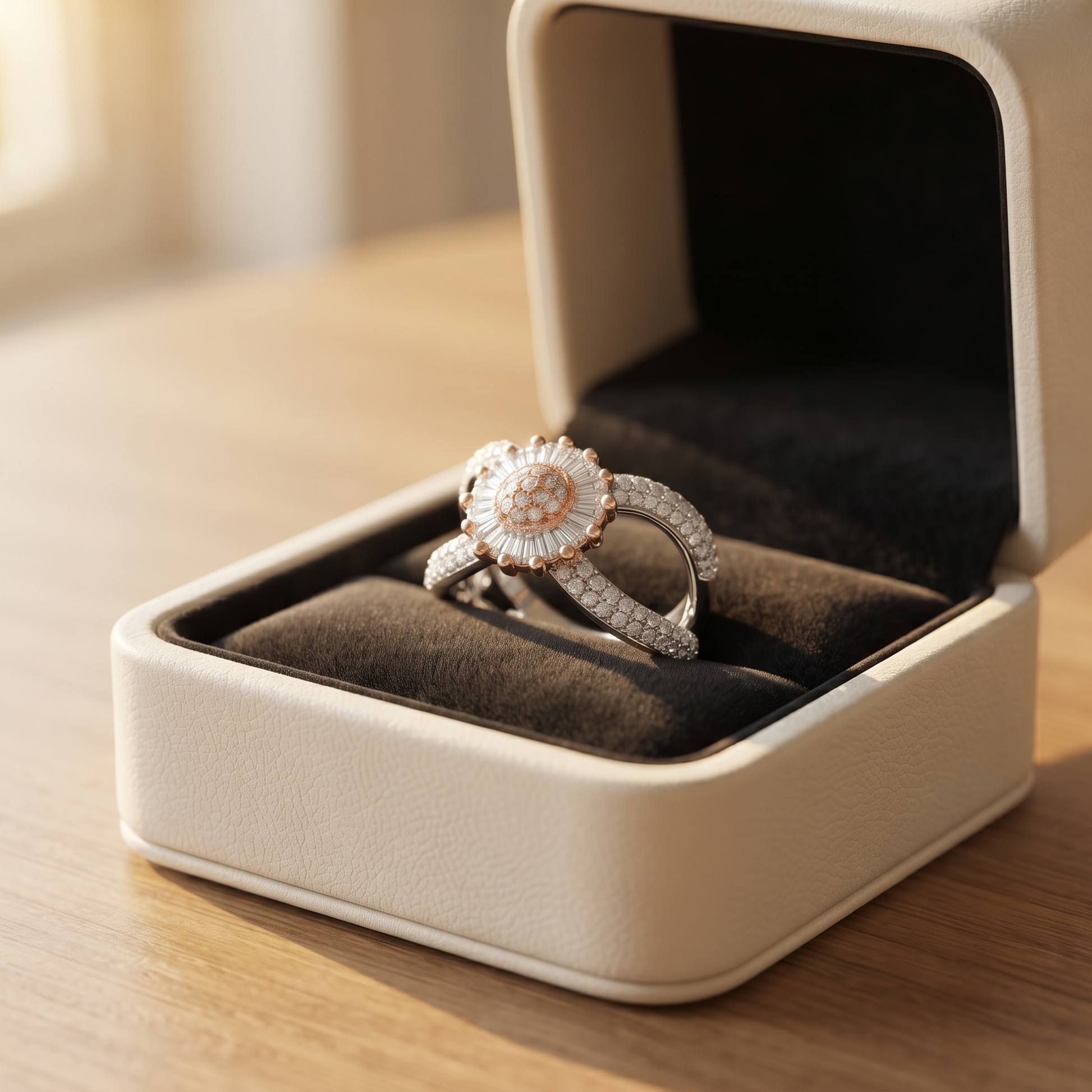 Two-tone floral halo statement ring for women in genuine 92.5% pure 925 sterling silver with a high-polish finish