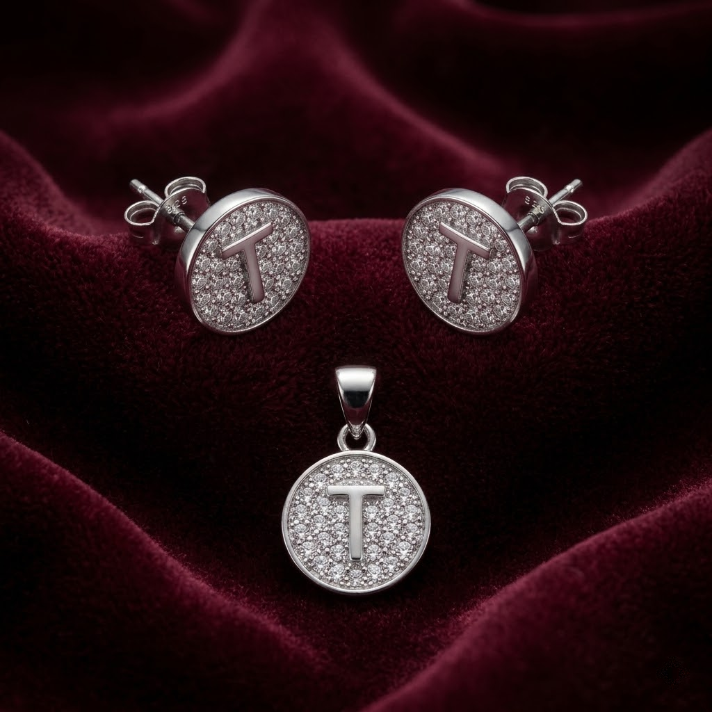Initial T 925 sterling silver pendant necklace and stud earrings jewellery set with cubic zirconia by Silvme â€” pendant close-up