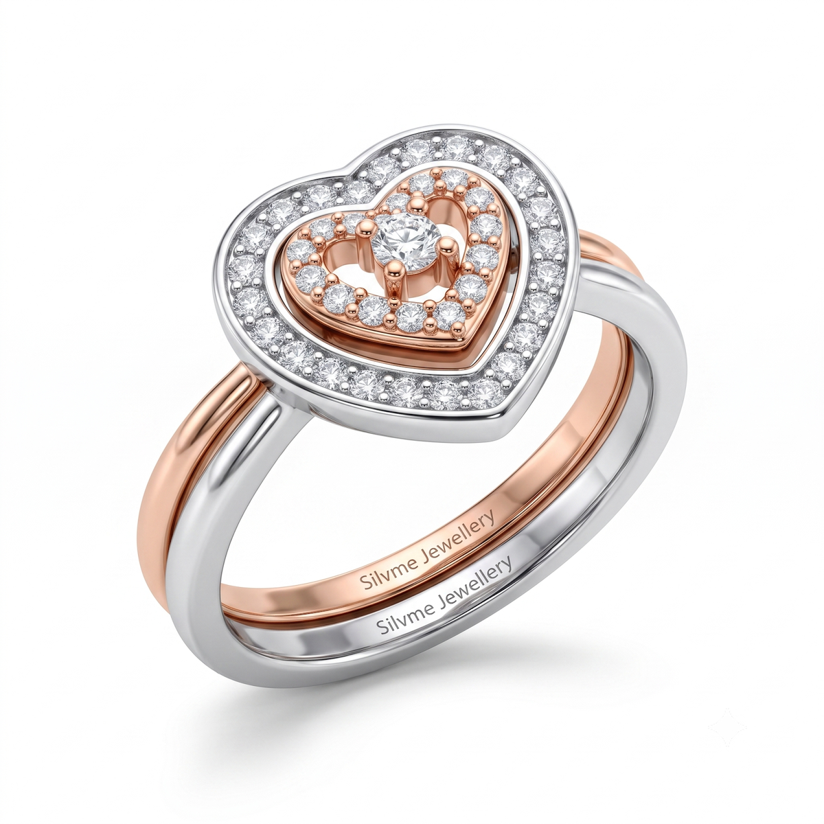Silvme Heart Halo with cubic zirconia 925 sterling silver heart ring for women, two-tone rose gold and silver, cushion cut ring, flower ring silver, gift box packaging view