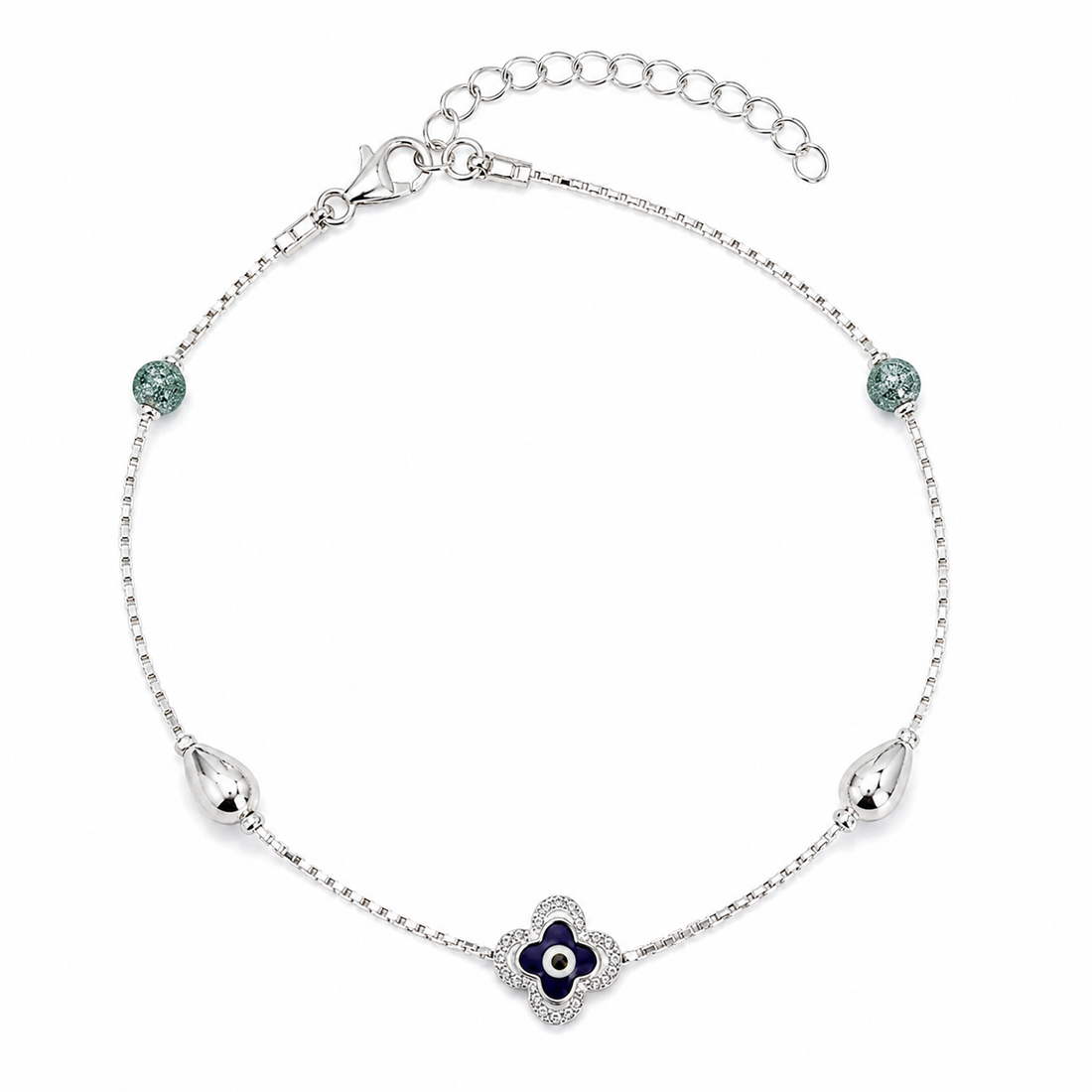 Silvme 925 sterling silver clover evil eye & green stone anklet with green stones and a clover evil-eye motif, white background full view