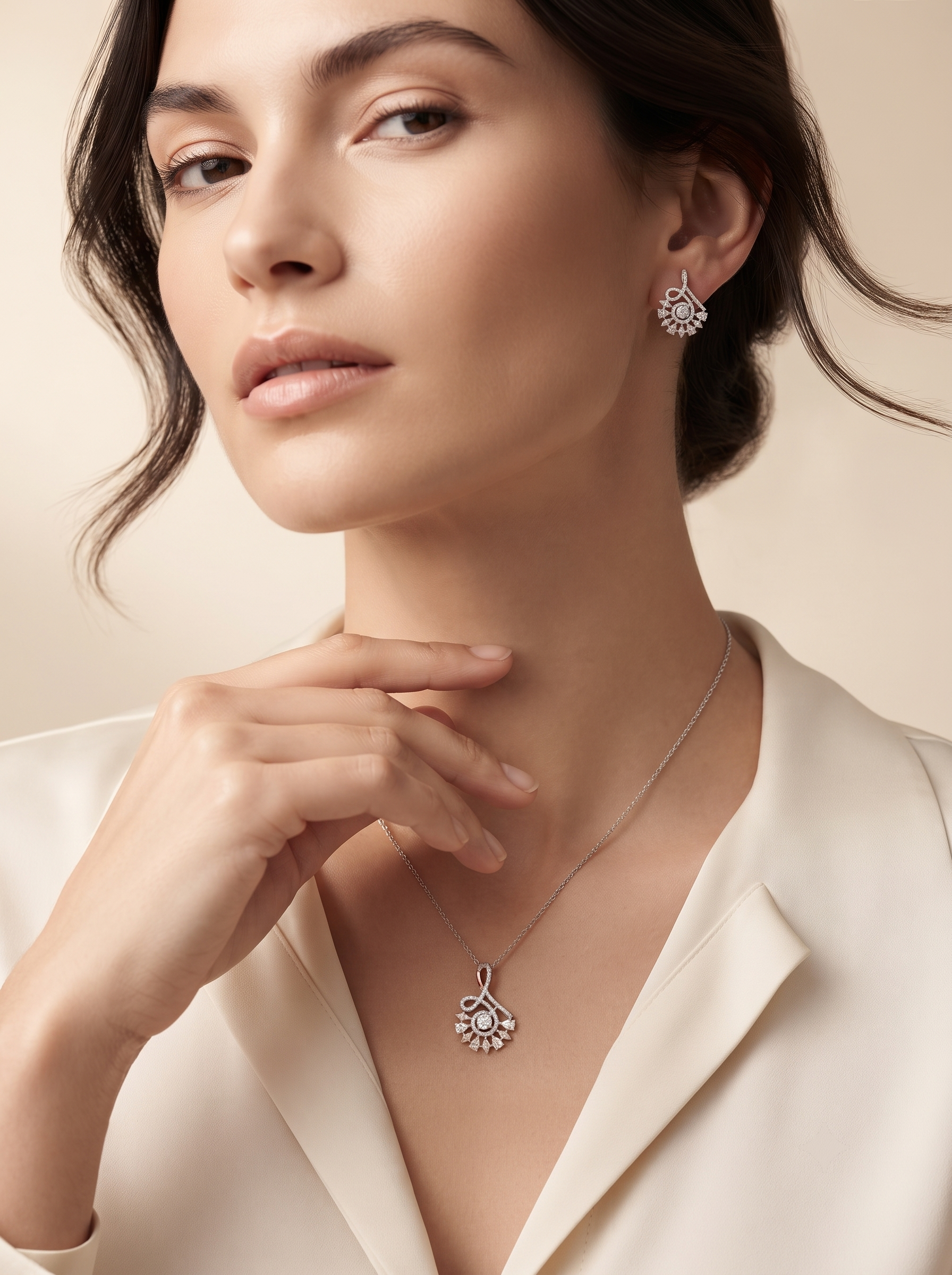 Peacock Fan 925 sterling silver pendant and drop earrings jewellery set with cubic zirconia by Silvme â€” styled product image