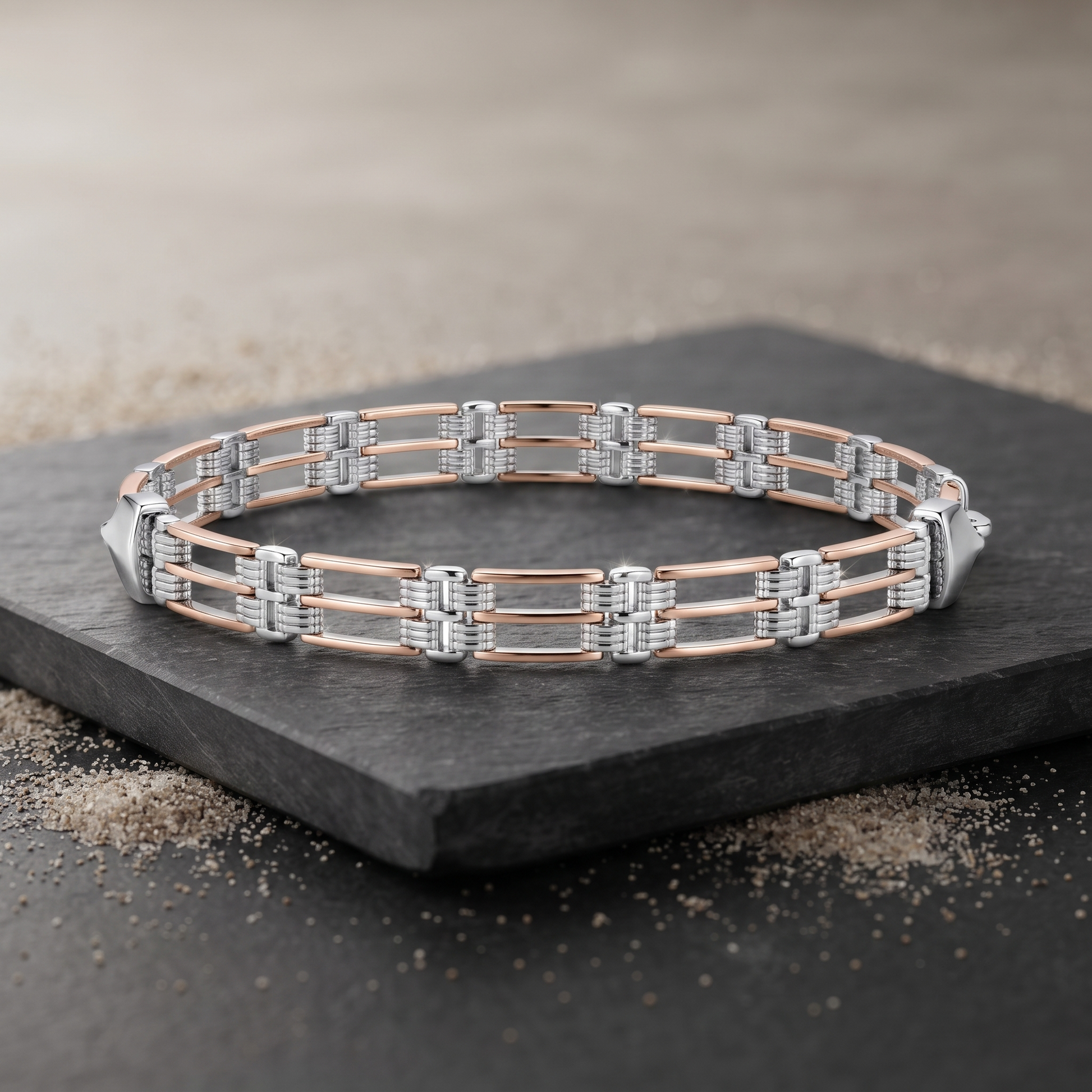 Close-up of slim rose gold-tone rails held apart by textured bar stations on the Silvme rose gold-tone panel bracelet