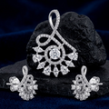 Peacock Fan 925 sterling silver pendant and drop earrings jewellery set with cubic zirconia by Silvme â€” angled studio view