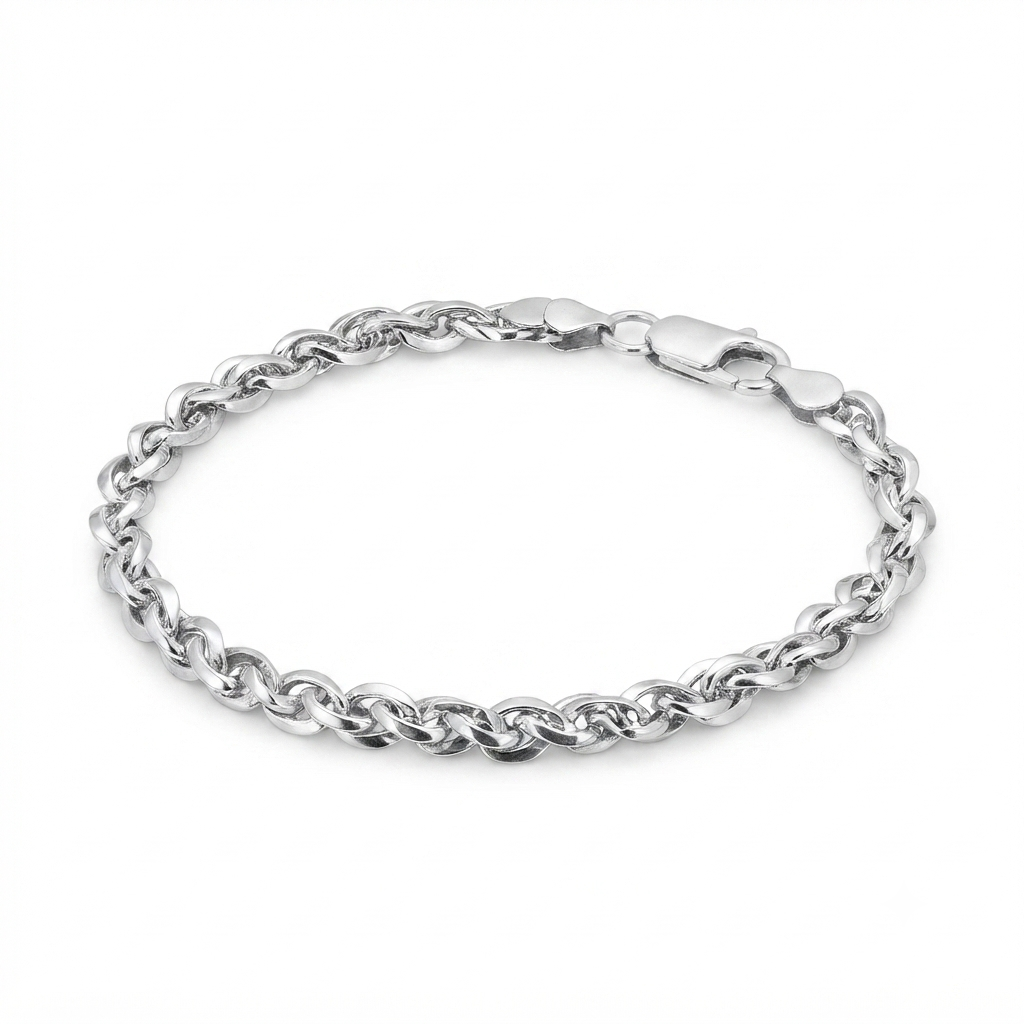 Silvme 925 sterling silver twisted rope chain bracelet for men shaped into an oval on a white background