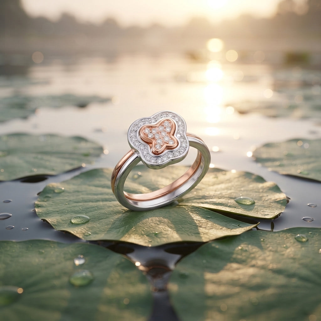 Silvme Cushion Halo with cubic zirconia 925 sterling silver halo ring for women, two-tone rose gold and silver, silver ring latest design, heart ring silver, on-hand styling view
