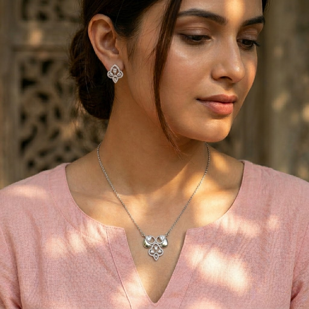 Silvme 925 silver ornate petal pendant necklace and stud earrings with cubic zirconia, pendant close-up