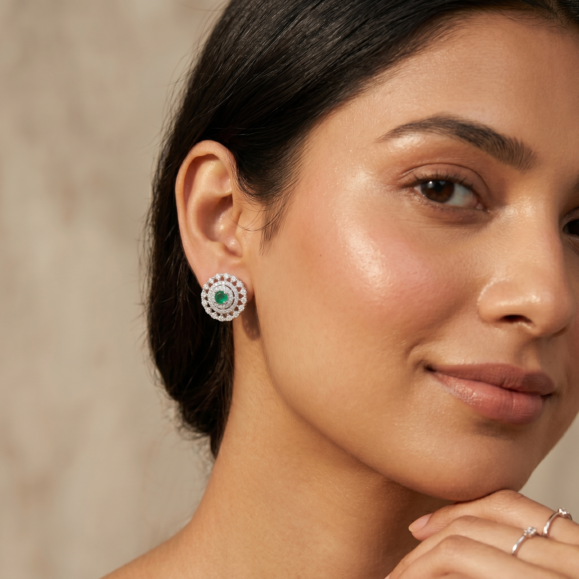 Green Round Lattice-Halo Stud Earrings, additional product view 4