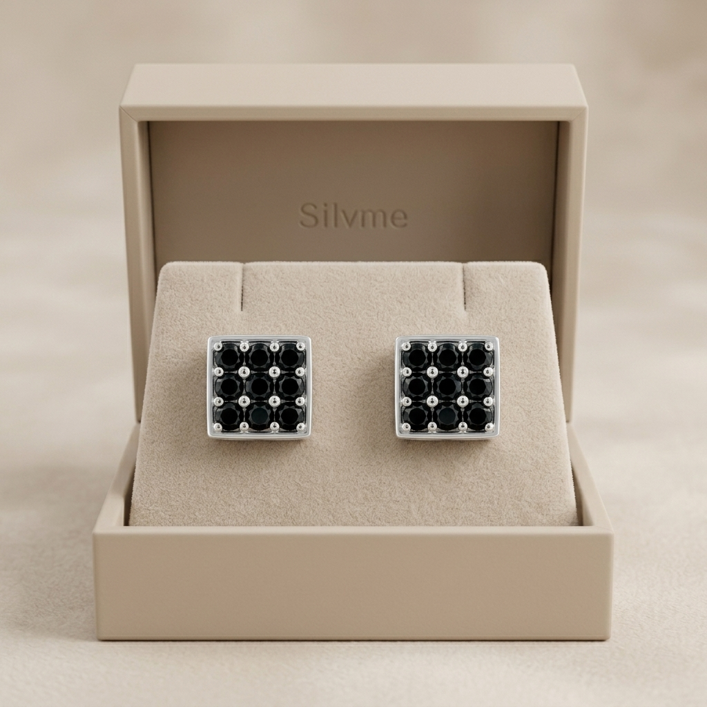 Black Square Cluster Stud Earrings, additional product view 3
