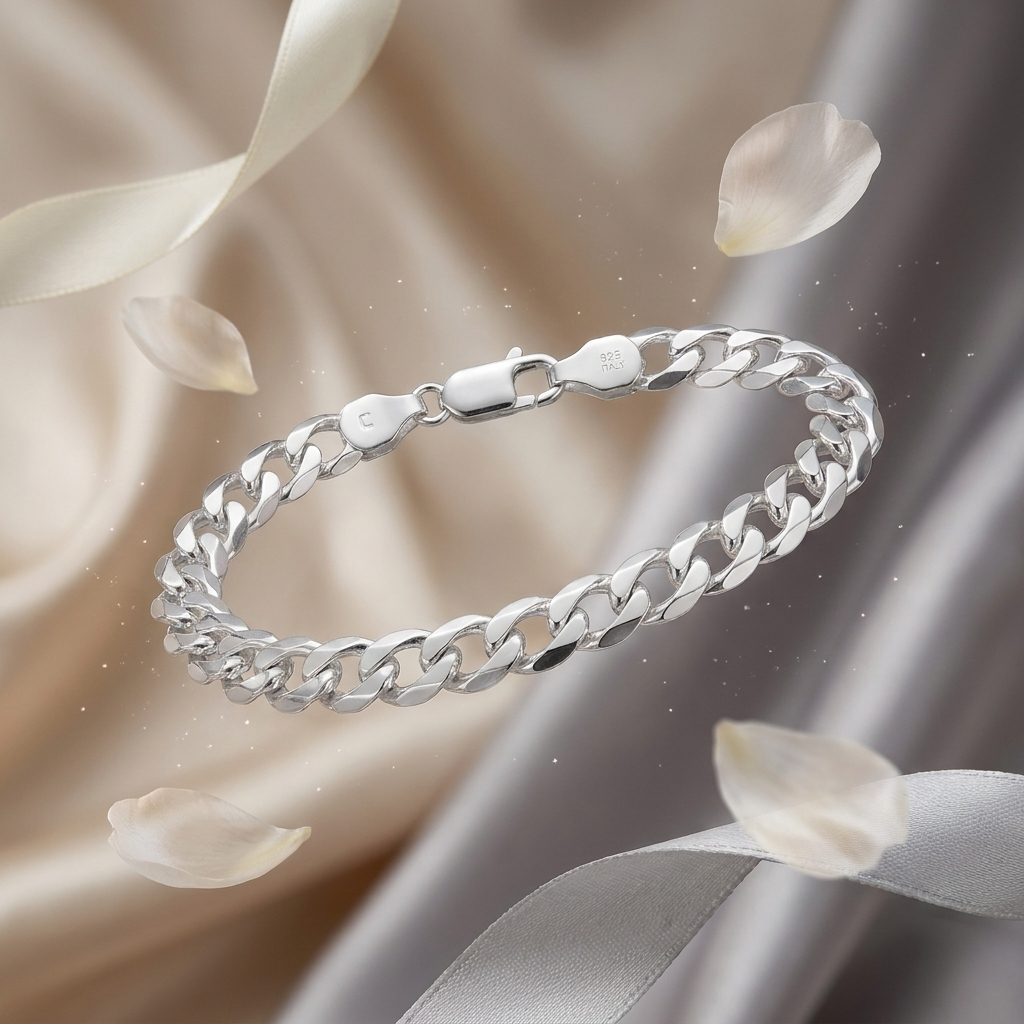 Close-up of a rounded curb chain with a soft, continuous shine on the Silvme polished curb chain bracelet