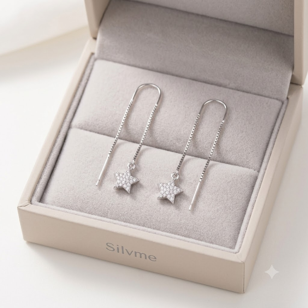 Stone-Set Pave Star Charm Threader Earrings, close-up detail