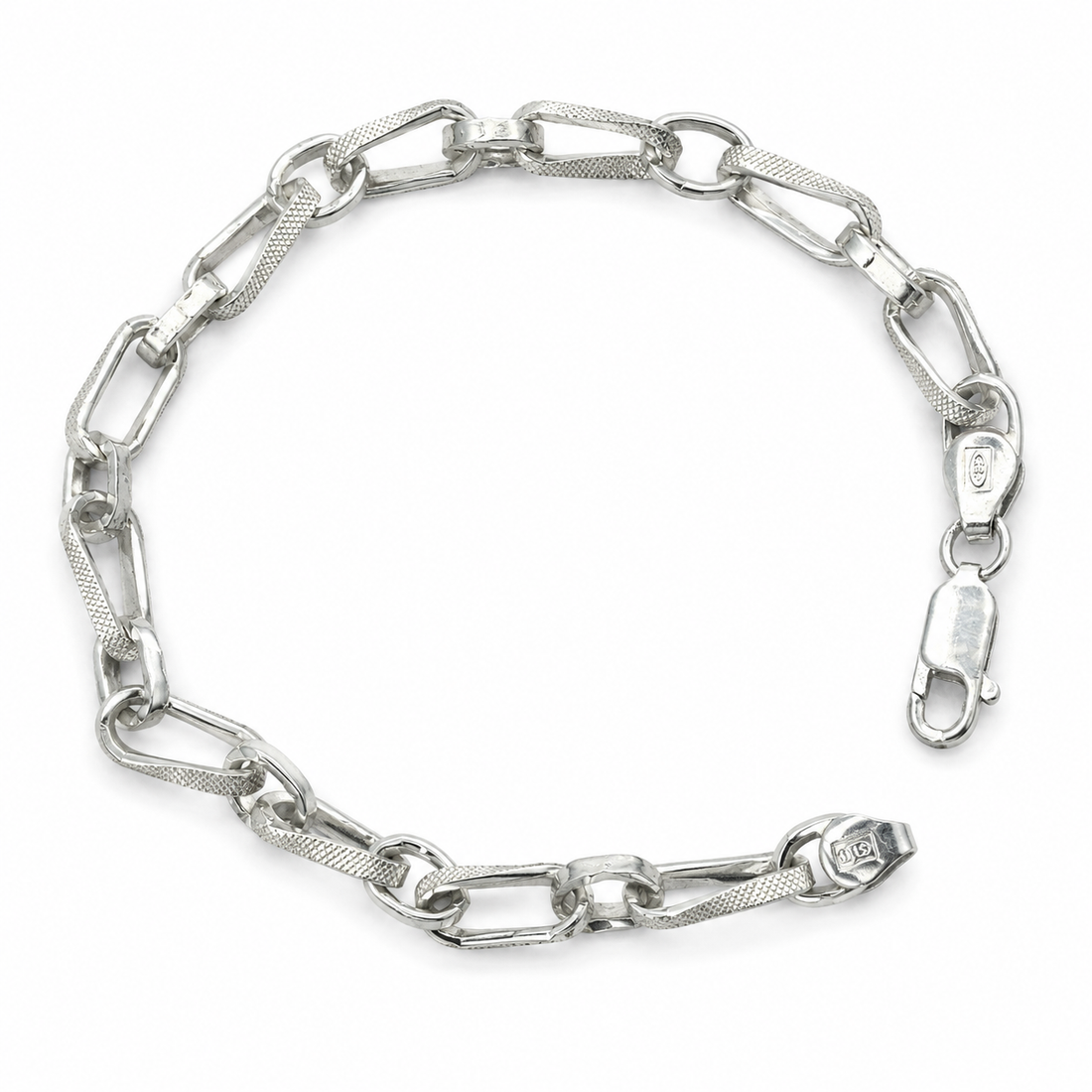 Silvme 925 sterling silver textured paperclip link bracelet for men shaped into an oval on a white background