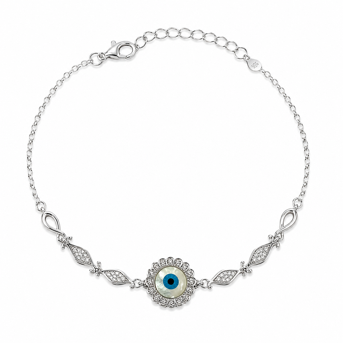 Silvme 925 sterling silver CZ evil eye floral anklet with a CZ evil-eye sunburst with marquise accents, white background full view