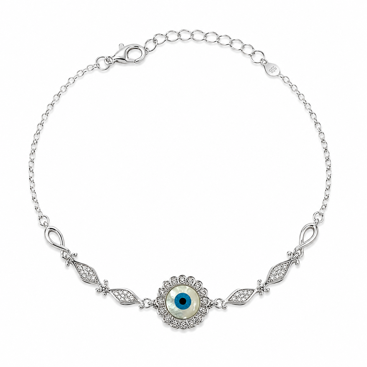 Silvme 925 sterling silver CZ evil eye floral anklet with a CZ evil-eye sunburst with marquise accents, white background full view