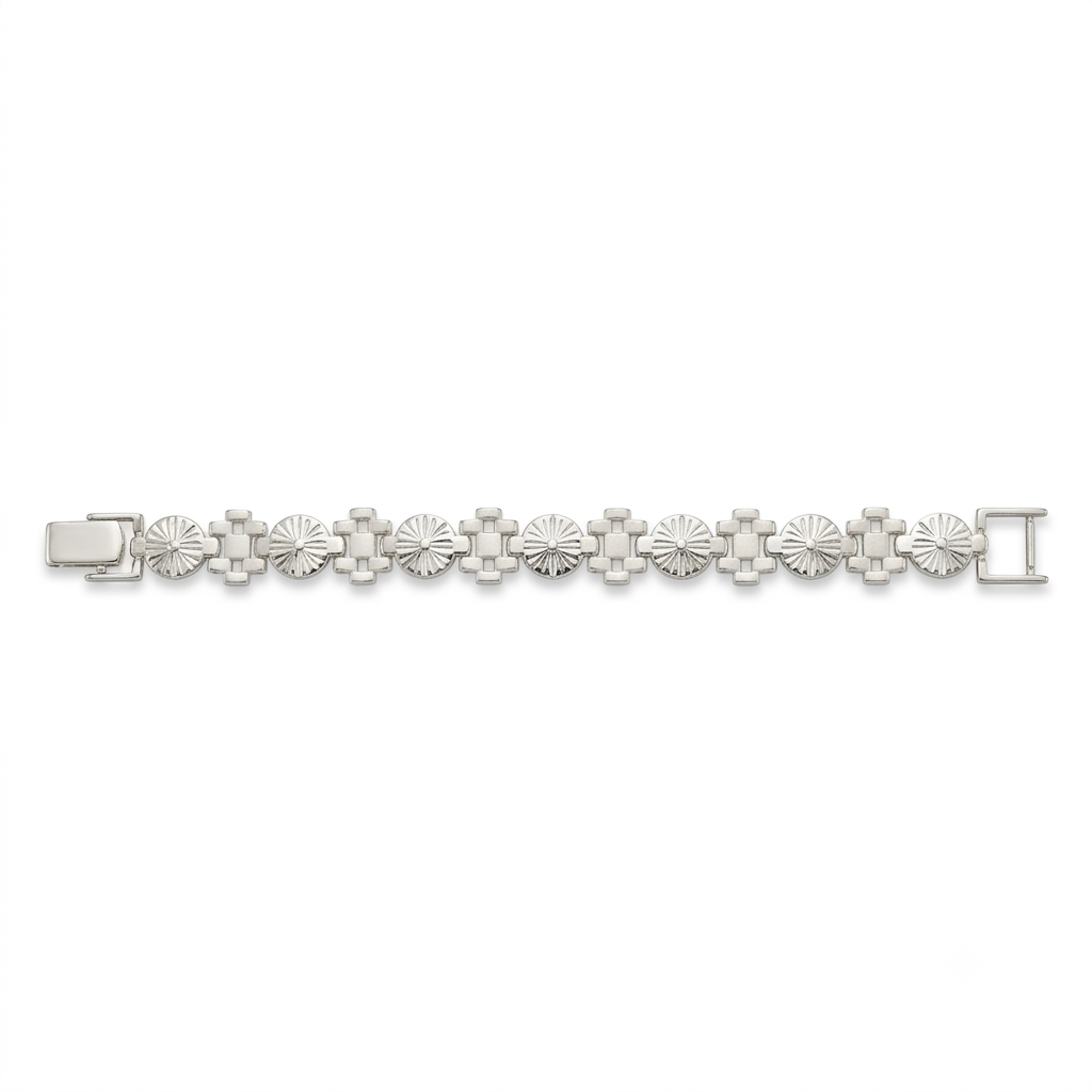 The floral medallion link bracelet for men shown against a plain studio background