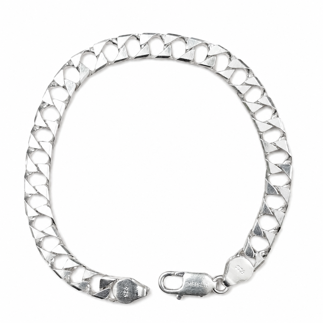 Silvme 925 sterling silver solid flat curb chain bracelet for men shaped into an oval on a white background