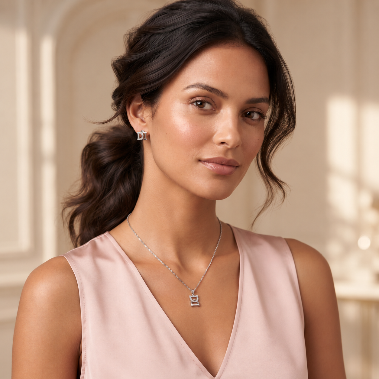 Silvme 925 silver initial d pendant necklace and stud earrings with cubic zirconia, styled lifestyle image