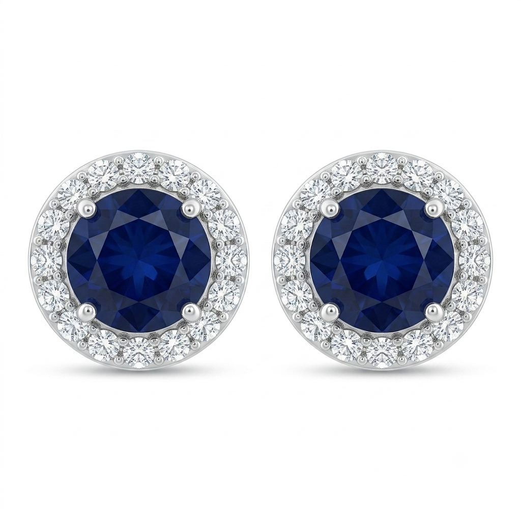 Blue Round Halo Stud Earrings, front product view
