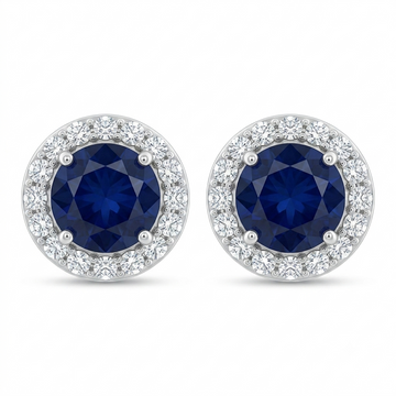 Blue Round Halo Stud Earrings, front product view